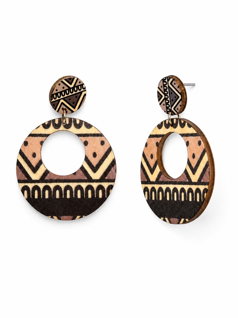Boho Wooden Geometric Cutout Drop Earrings Tribal Print